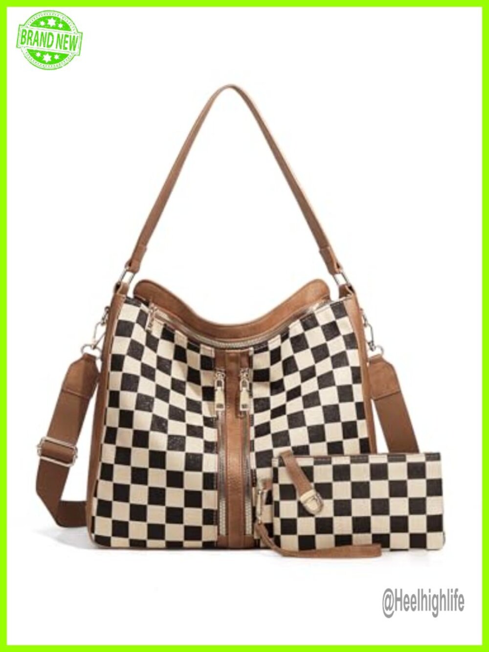 PU Leather Canvas Checkered Hobo Handbag Tote Crossbody Bag Adjustable Strap